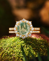 BRYONY Unique Halo Round Shaped Moss Agate Floral Engagement Bridal ring set